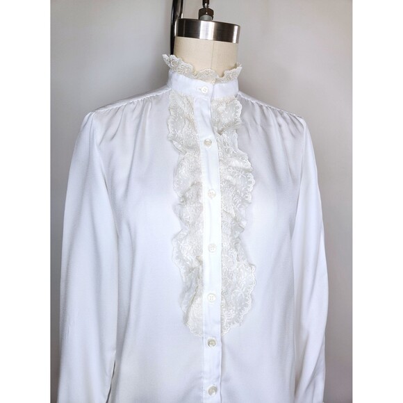 1970s LANZ Lace Blouse Ruffled Button Down Shirt Blouse KOREAN Collar size XS - Picture 9 of 10